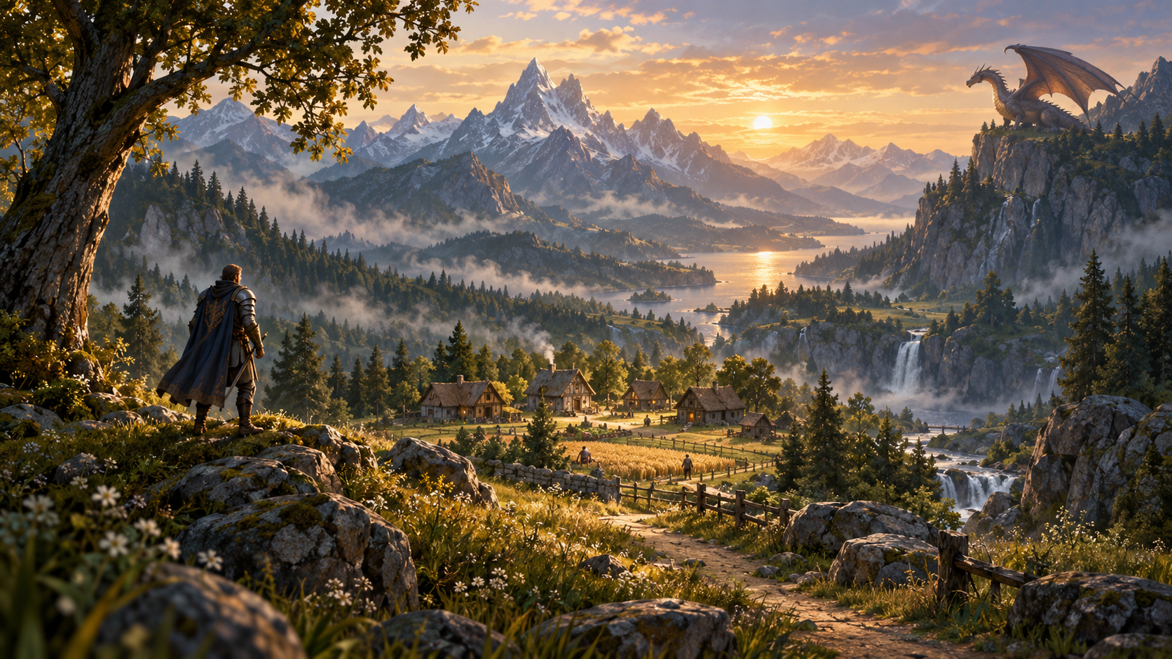 Fantasy concept art of a small settlement in a mountain valley, with a lone armored hero overlooking it and a dragon on a distant ridge.